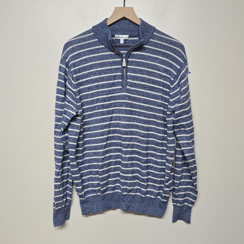 Peter Millar Crown Sweater Mens L Blue Merino Linen Mock Neck 1/4 Zip Pullover